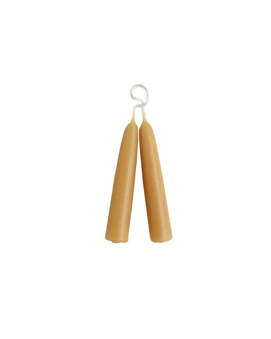 A pair of pure beeswax short taper candles, on a white background.