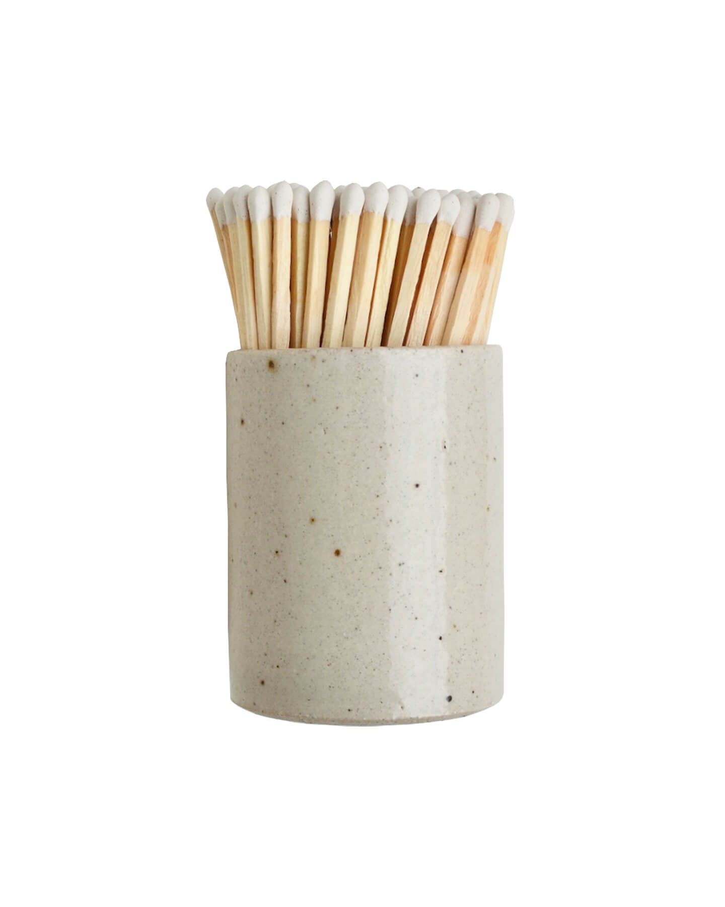 An oatmeal ceramic match pot with matches, on a white background.