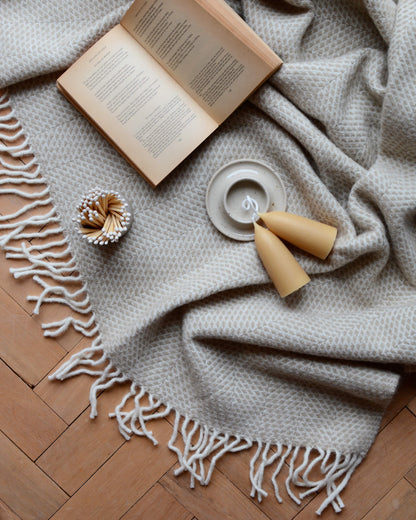 A ceramic match pot with matches, candles with a candle holder and an open book; on top of a woollen blanket.