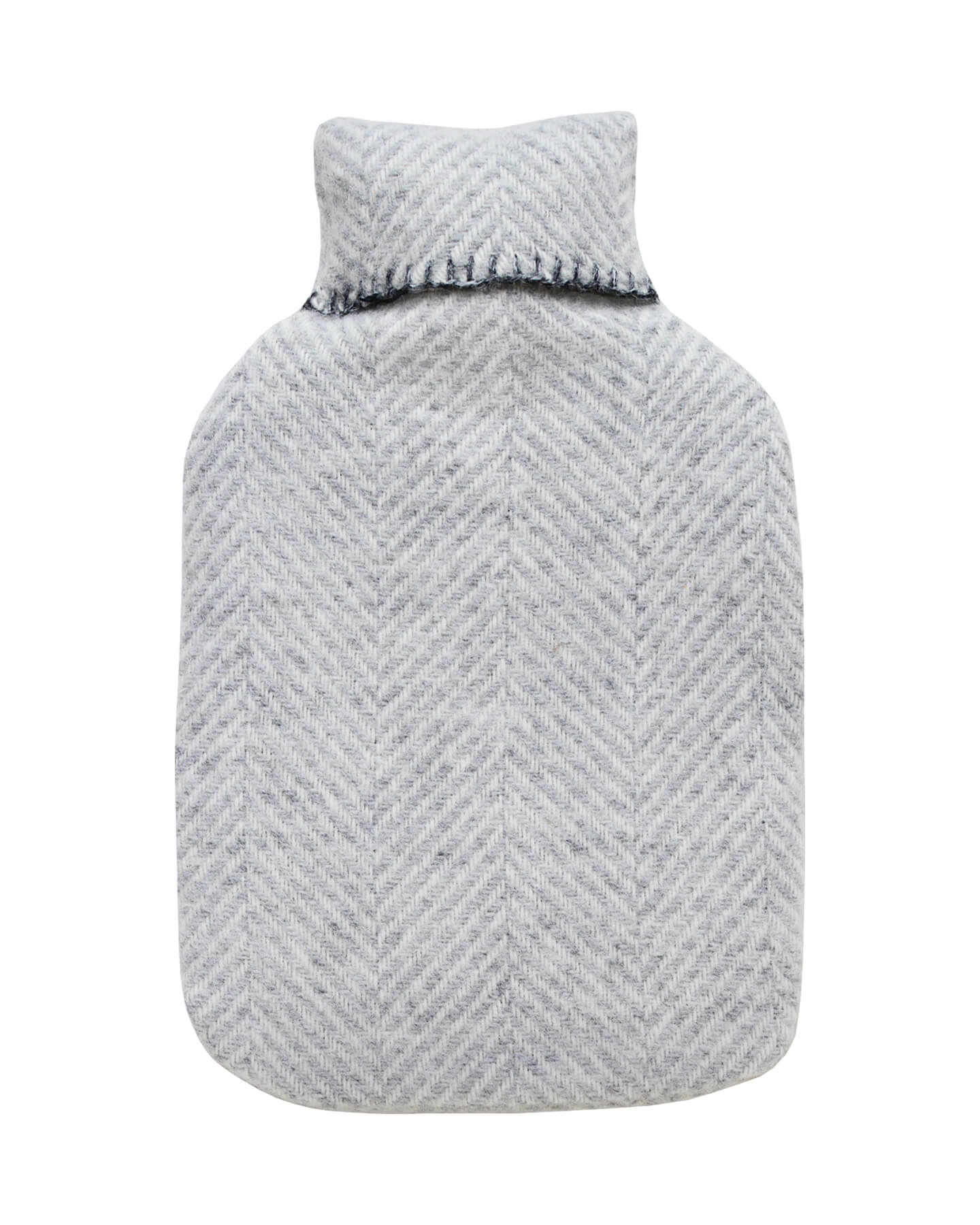 A grey wool hot water bottle, on a white background.