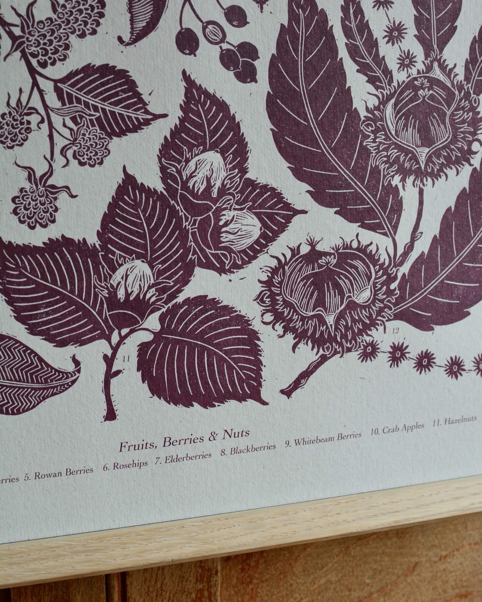 A linocut print in plum tones, depicting seasonal plants of Autumn. 