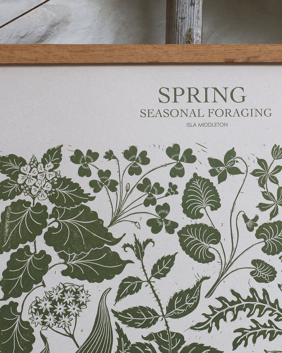 Detail of a green botanical print, depicting Spring plants. 