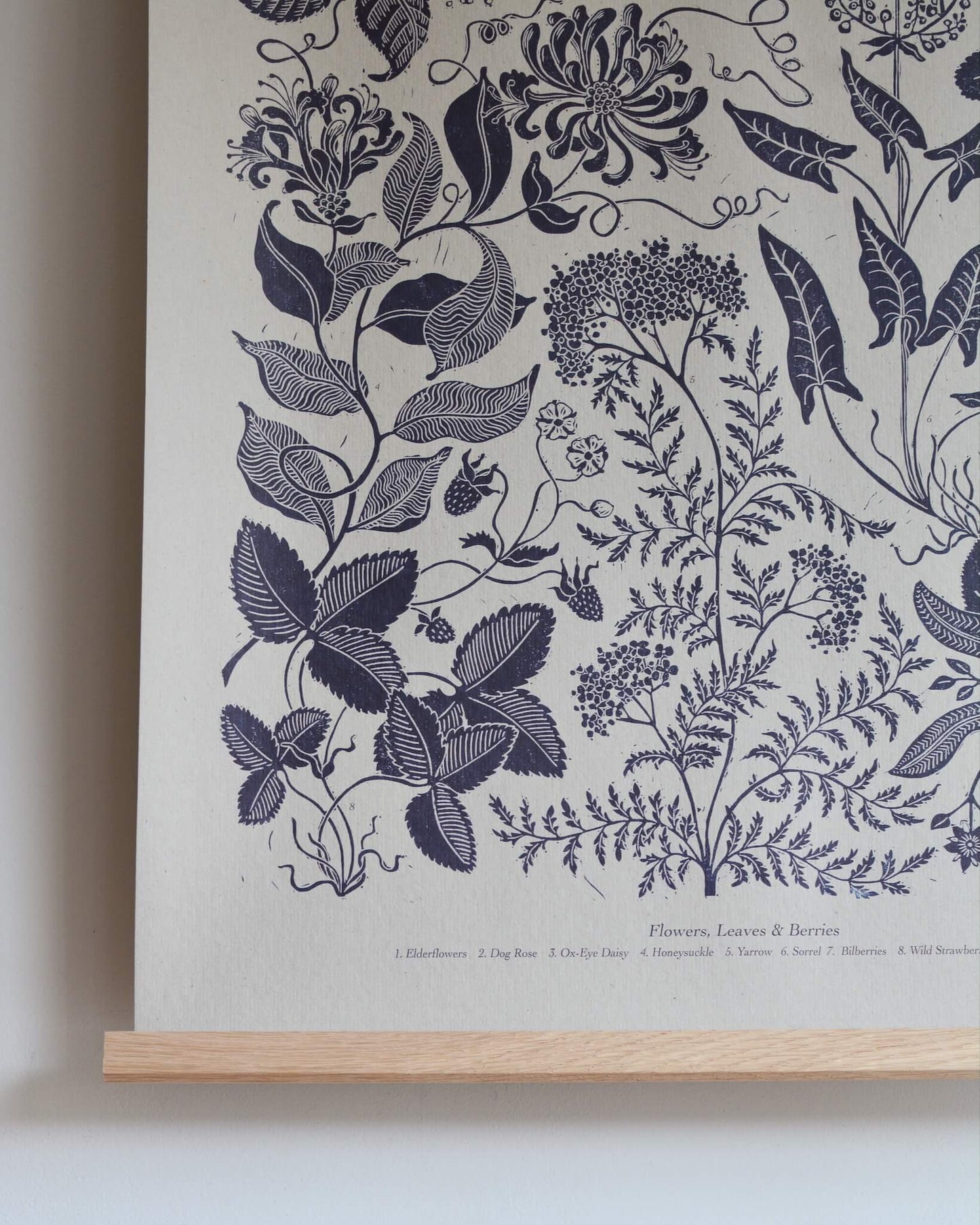 Close-up of a linocut print of summer plants in a deep inky blue.