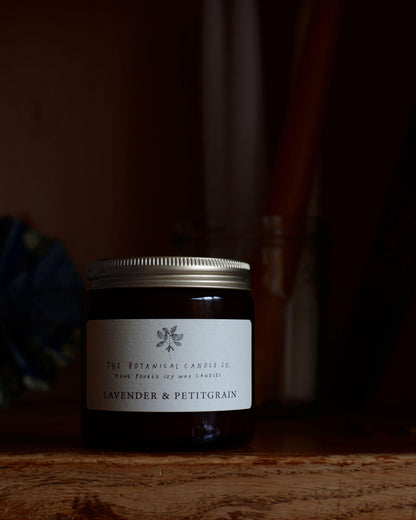 Lavender and Petitgrain scented soy wax candle by The Botanical Candle Co.