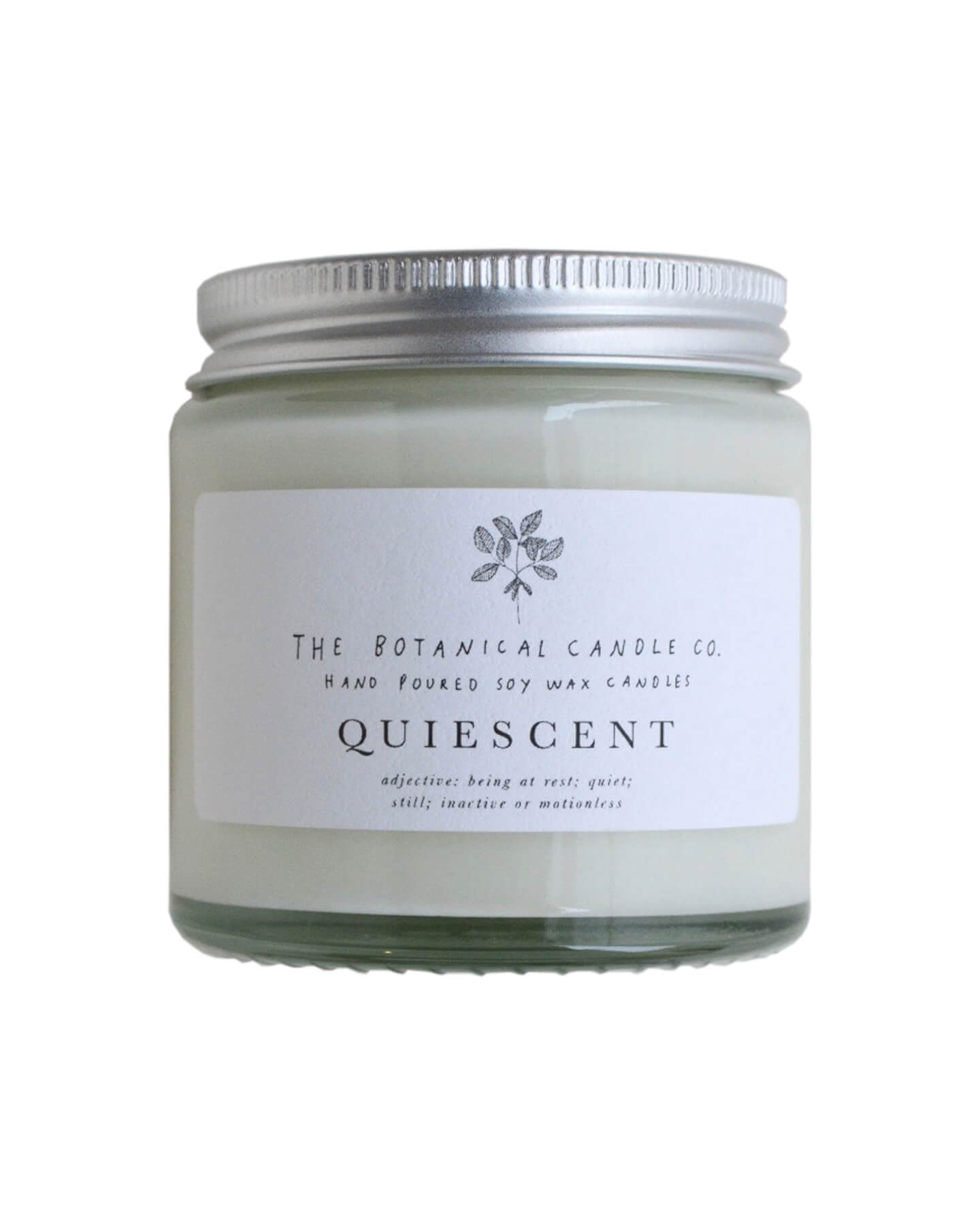 Quiescent scented candle by The Botanical Candle Co, on a white background.