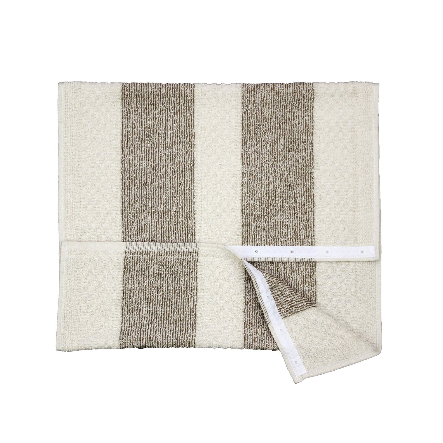 A striped kitchen towel for looping over a range oven handle.