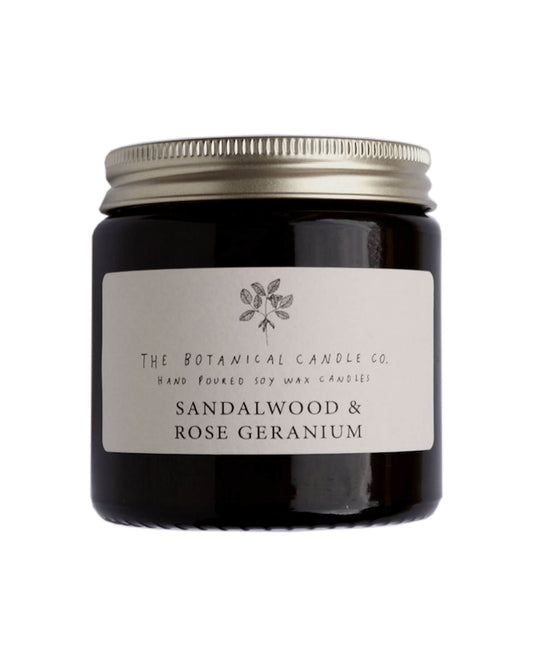 Sandalwood and Rose Geranium scented candle by The Botanical candle co.