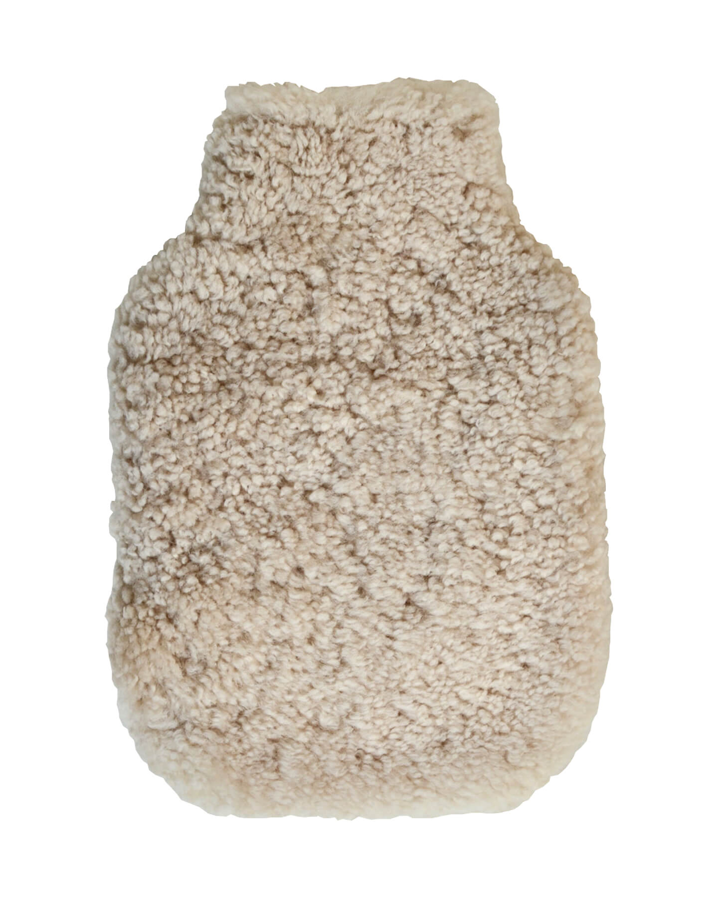 A natural sheepskin hot water bottle on a white background.