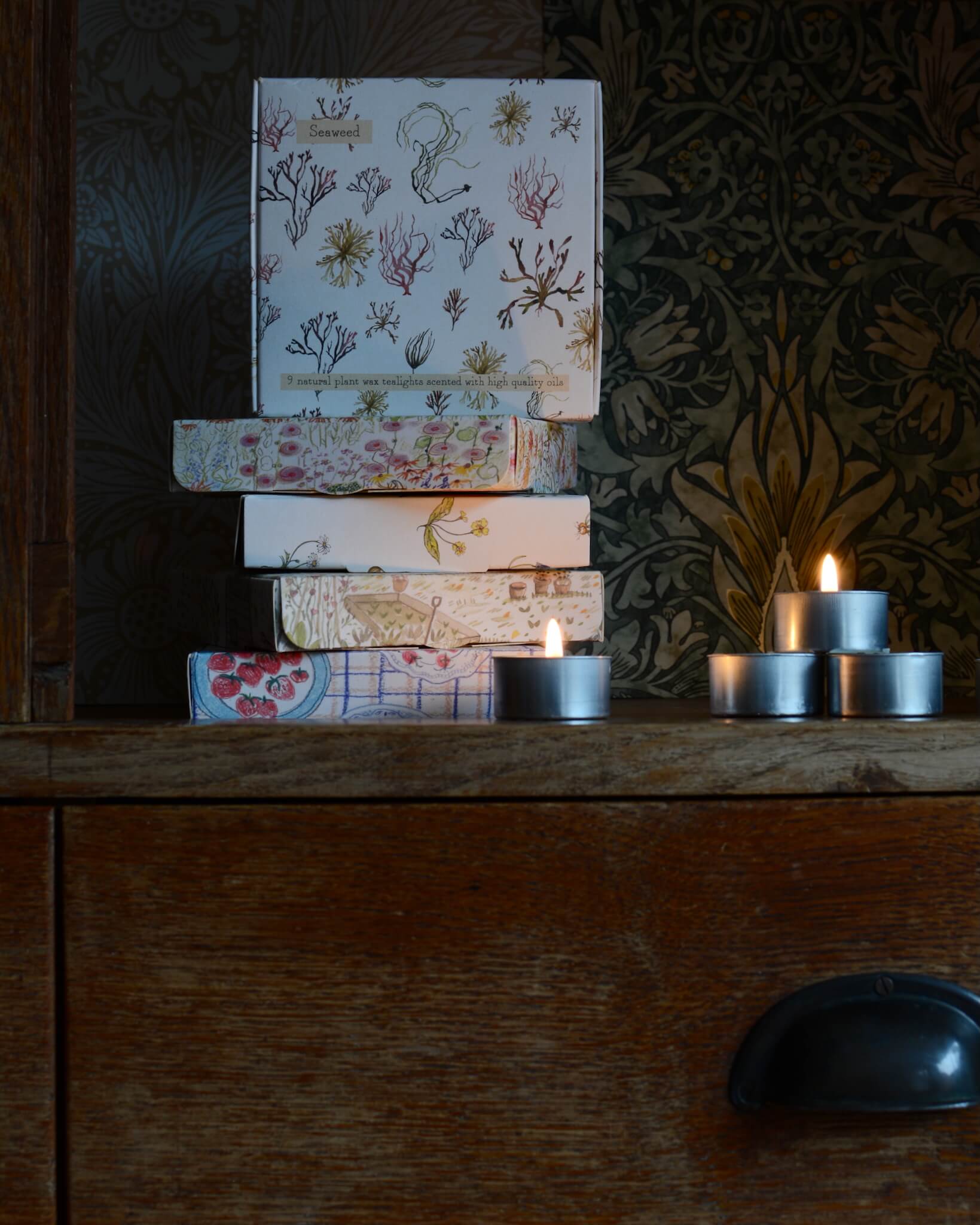 A box of nine tealights, with an illustrated box featuring watercolour illustrations of seaweed.