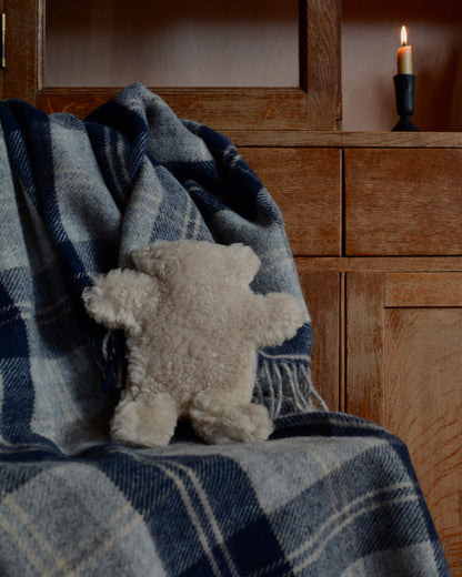 A teddy bear sheepskin hot water bottle, on top of a checked blanket.