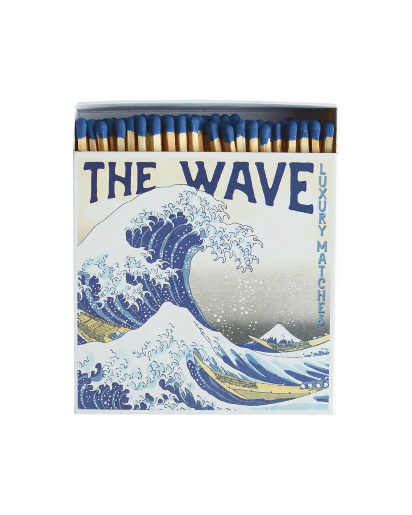 A box of matches with a blue-tone Japanese illustration of a wave.