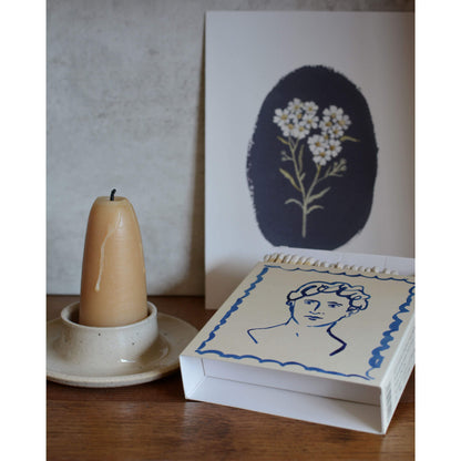 Illustrated square match box, next to a botanical illustration and beeswax candles.