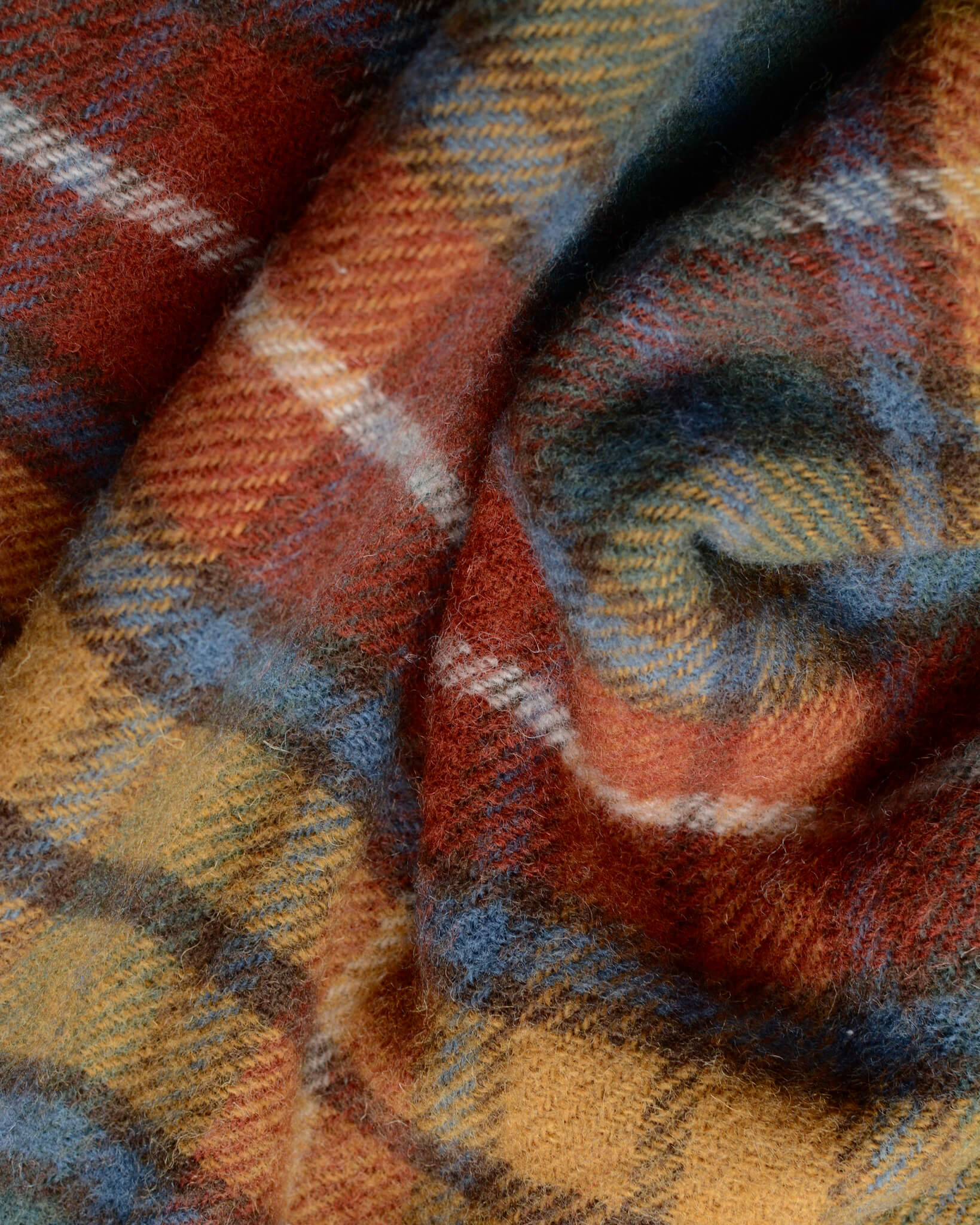 Detail of a multicoloured check wool blanket.