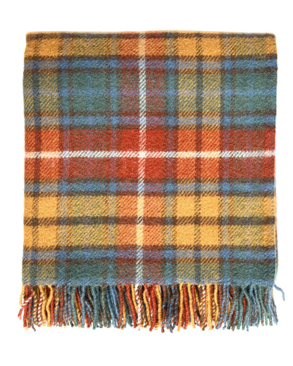 Multicoloured check wool blanket on a white background.