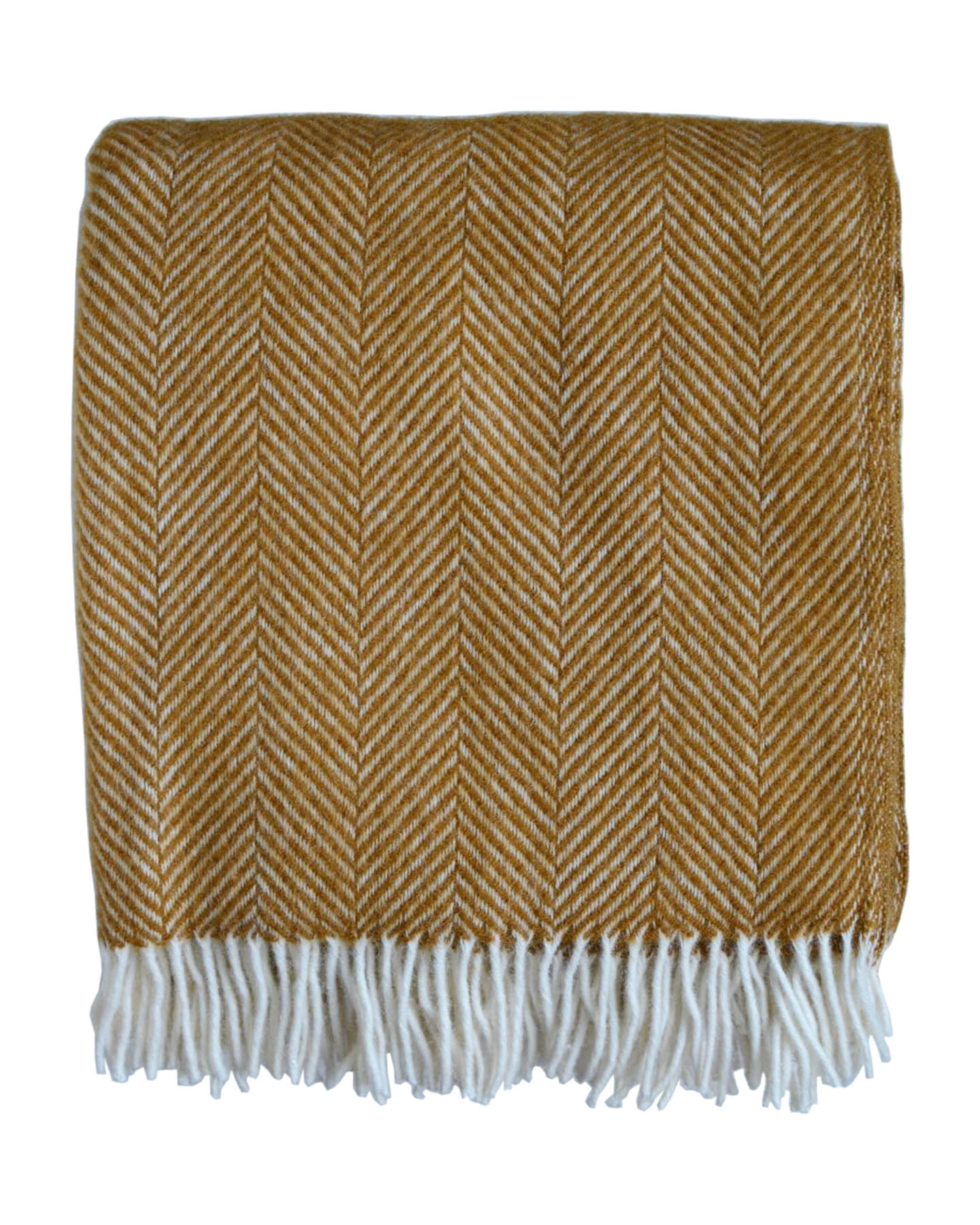 Mustard yellow wool herringbone blanket on a white background.