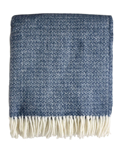 A blue wool windmill blanket, on a white background.