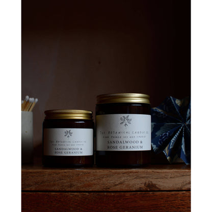 Sandalwood and Rose Geranium scented candle by The Botanical candle co. Small 120ml and large 180ml.
