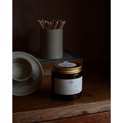 Sandalwood and Rose Geranium scented candle by The Botanical candle co.