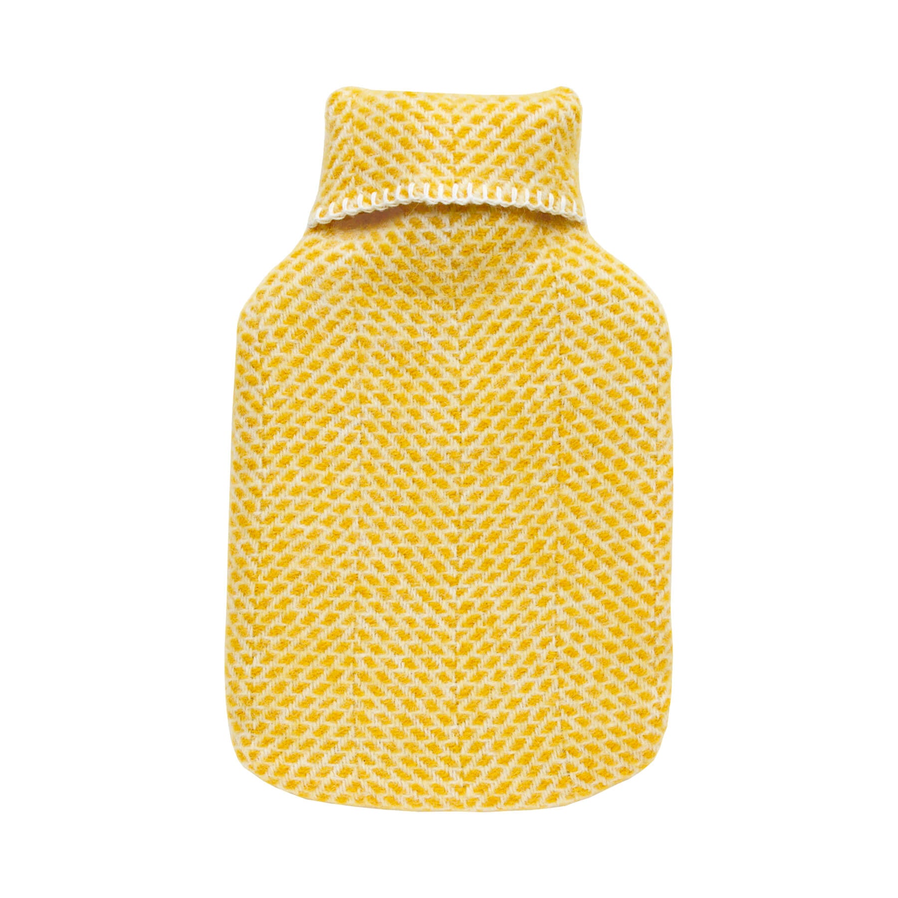 A bright yellow wool hot water bottle with a beehive pattern, on a white background.